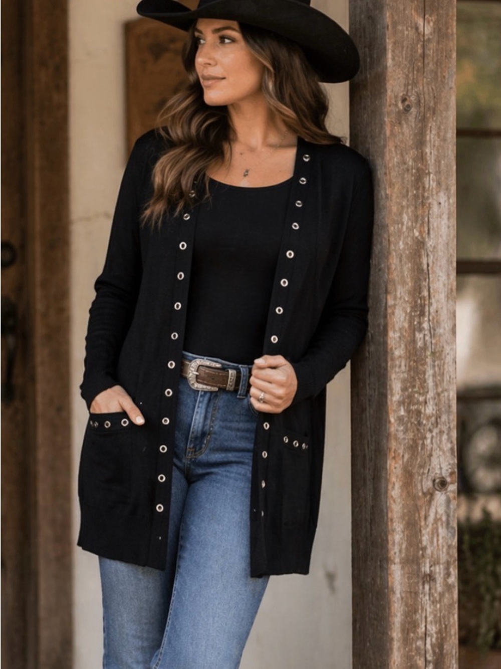 NWT Rain + Rose Long Black sweater with Silver rivets, women’s size Medium.